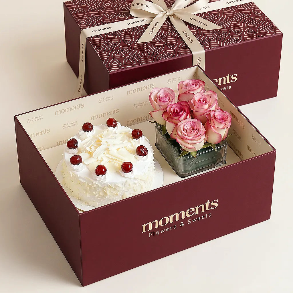 White Forest Cake & Roses Box