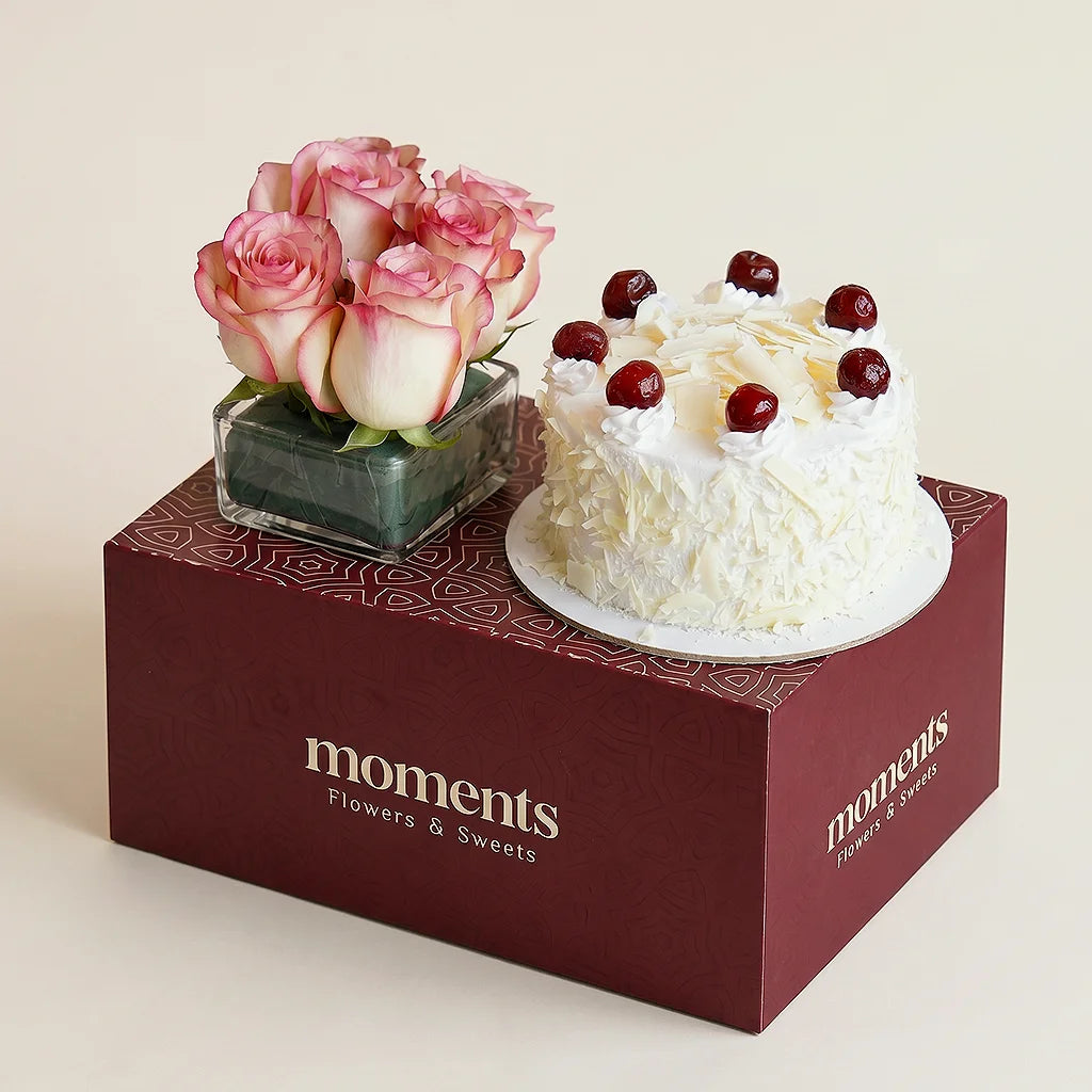 White Forest Cake & Roses Box
