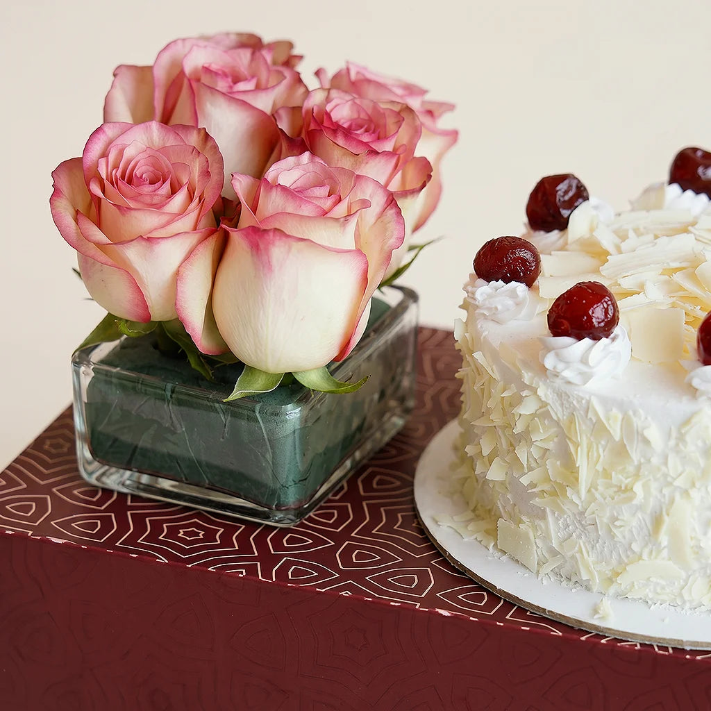 White Forest Cake & Roses Box