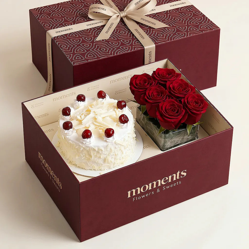 White Forest Cake & Roses Box