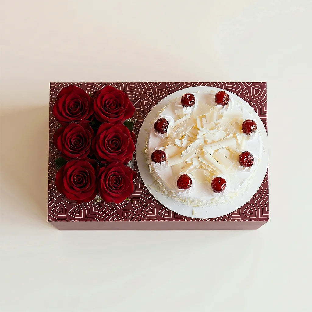 White Forest Cake & Roses Box